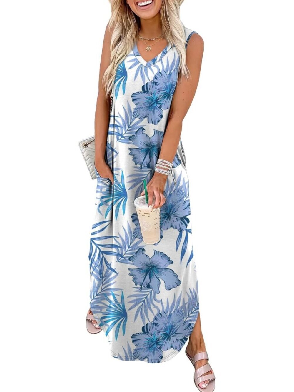 Women Floral Blue Tropical Sleeveless Ankle Length Pull On Imported Maxi Dresses